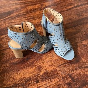 Blue, heel, open toed booties!